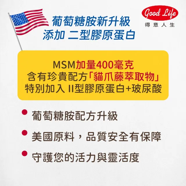 【得意人生】新葡萄糖胺+MSM軟骨素 膜衣錠 六入組(共360錠 二型膠原蛋白 玻尿酸 D3)