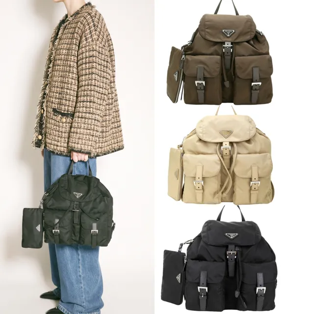 【PRADA 普拉達】中款 Re-Nylon 三角牌附萬用包雙口袋 雙肩背尼龍 後背包(多色 多口袋背包 輕量出國包)