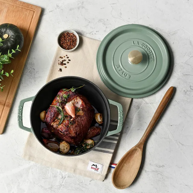 【STAUB】圓形琺瑯鑄鐵鍋18cm＋方形陶缽烤盤4+1件組(德國雙人牌集團官方直營)