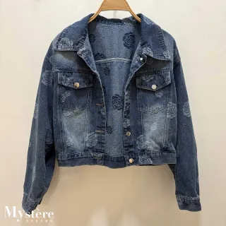【my stere 我的時尚秘境】雙11 玫瑰花復古水洗短版牛仔外套 印花牛仔外套 玫瑰牛仔外套 水洗牛仔外套