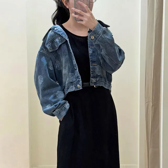 【my stere 我的時尚秘境】雙11 玫瑰花復古水洗短版牛仔外套 印花牛仔外套 玫瑰牛仔外套 水洗牛仔外套