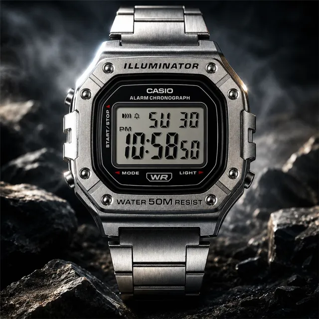 【CASIO 卡西歐】W-218HD-1A 不鏽鋼帶 銀方塊數位電子錶(當兵 學生 運動 休閒必備)