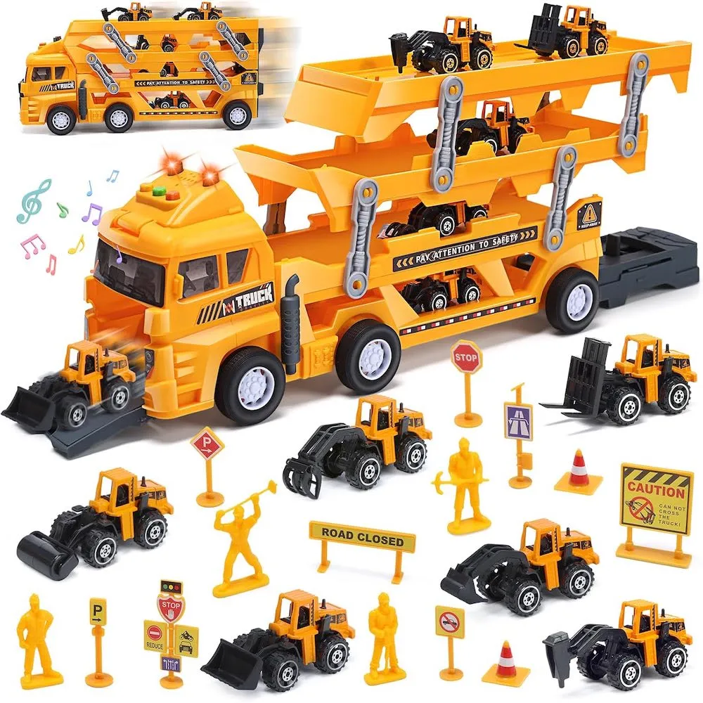 【CuteStone】小小工頭開工！仿真三層工程運輸車套裝(6款迴力車+工程告示牌) 工程現場模擬 生日禮物推薦