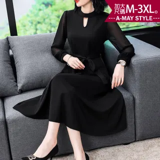 【Amay Style 艾美時尚】中大尺碼女裝 洋裝 連身裙 優雅別緻收腰顯瘦透膚長袖連身洋裝裙。M-3XL(黑.預購)