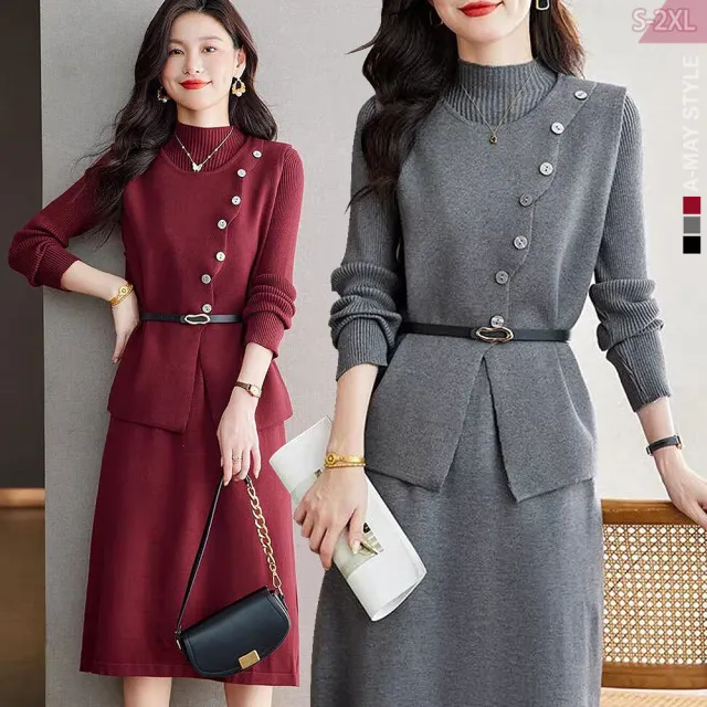 【Amay Style 艾美時尚】秋新品 中大尺碼女裝 馬甲 兩件式淑女優雅針織背心連身裙套裝。S-2XL(3色.預購)