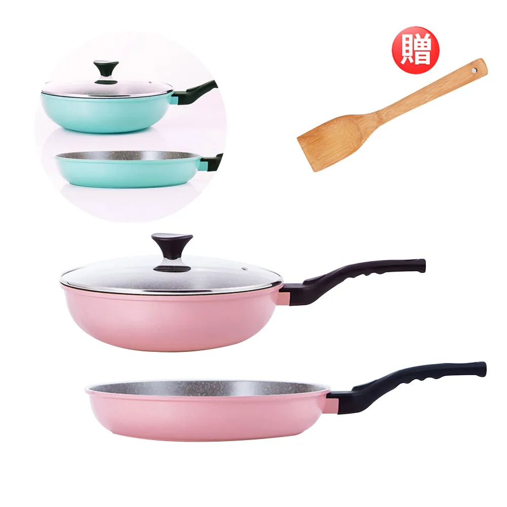 【Queen Chef】韓國礦岩鈦合金鑄造不沾鍋雙鍋三件組30cm(炒鍋+平底鍋+蓋)