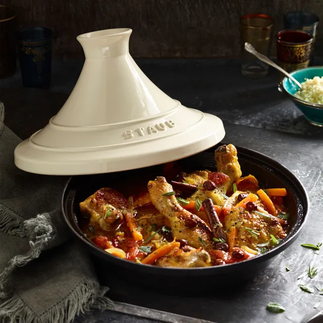 【STAUB】琺瑯鑄鐵塔吉鍋28cm-奶油白(德國雙人牌集團官方直營)