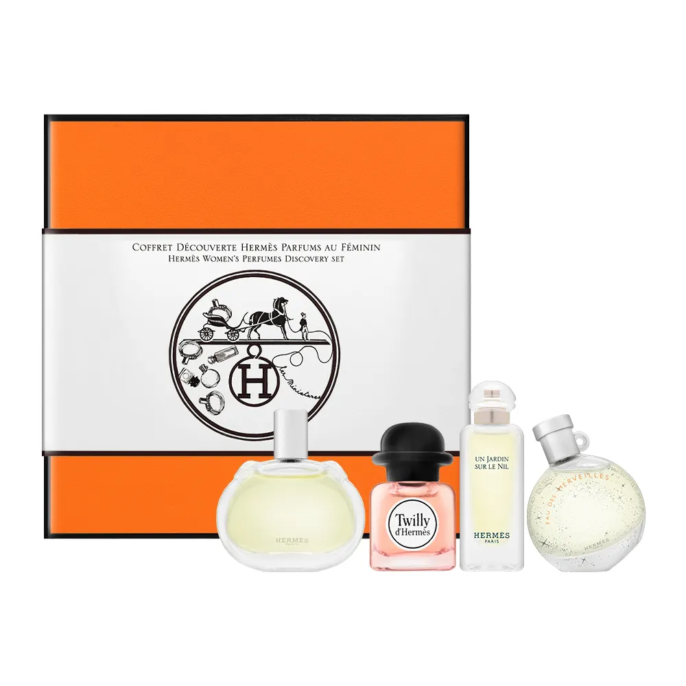 【Hermes 愛馬仕】小香禮盒四入組 7.5ml*4(絲巾/橘彩星光/尼羅河花園/巴蕾尼亞)