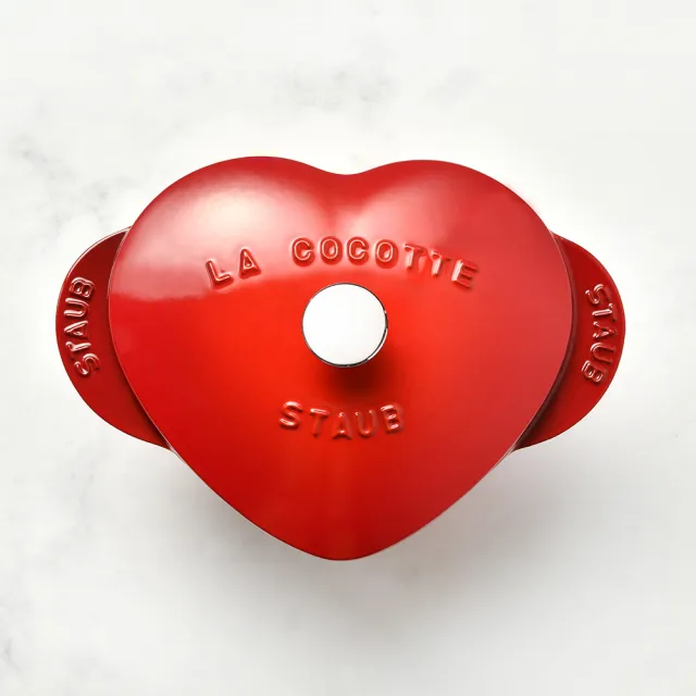 【STAUB】櫻桃紅琺瑯鑄鐵鍋愛心鍋＋心型烤盅陶缽10cm＋馬克杯350ml(德國雙人牌集團官方直營)