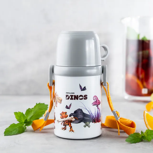 【ZWILLING 德國雙人】DINOS 18/10不鏽鋼兒童保溫杯保溫瓶380ml附背帶-超萌恐龍(德國雙人牌集團官方直營)
