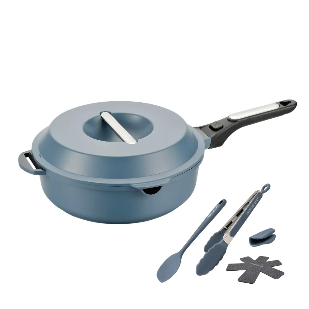 【DIAMOND CHEF】10合1萬用不沾鍋28cm-午夜藍(IH爐可用/深平底鍋/深煎炒鍋/附鍋鏟/料理夾/油炸籃)