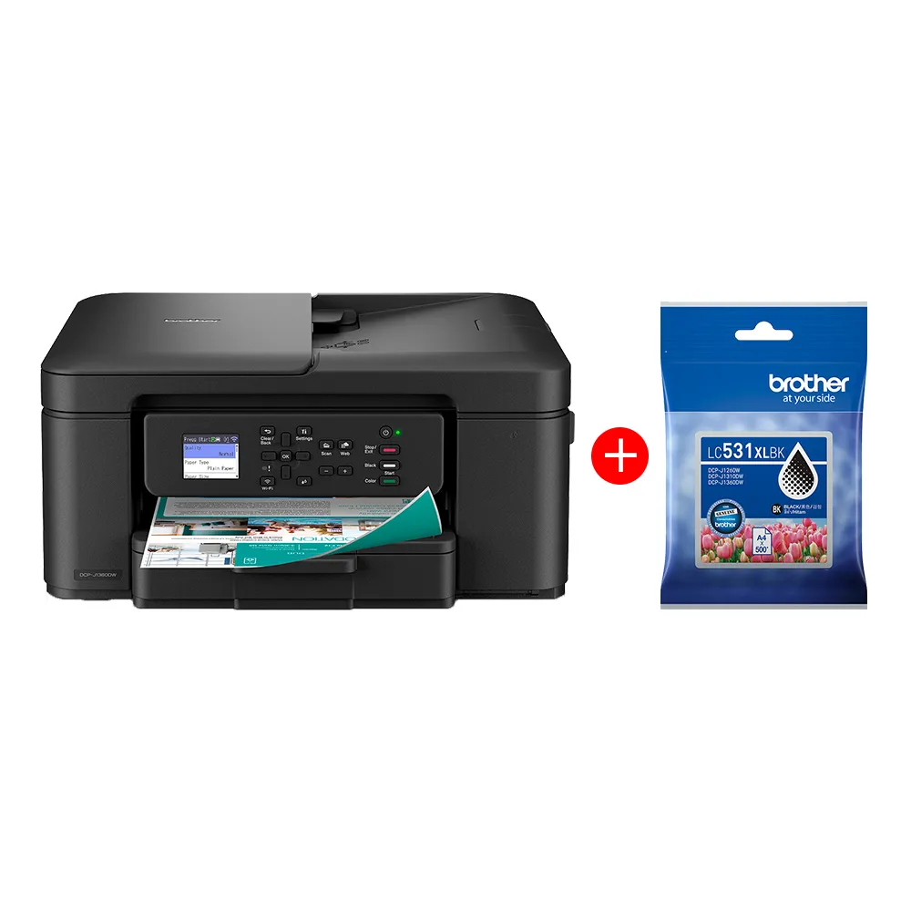 【brother】官方直營 搭1黑高容墨★DCP-J1360DW 威力印Lite三合一無線噴墨複合式印表機