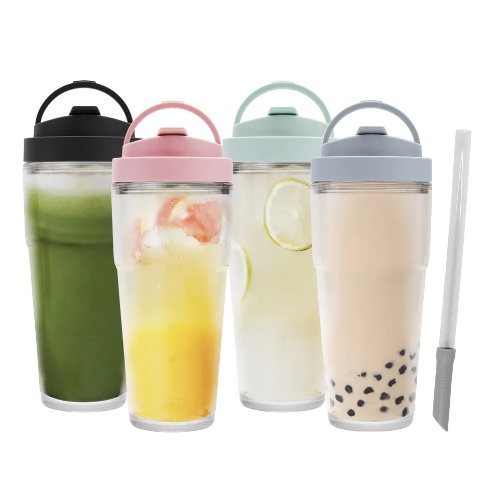 【WOKY 沃廚】渾圓杯 Ecozen純透復刻款 880ml-附彈跳吸管(單手彈蓋款；吸管杯/隨行杯/外帶杯)