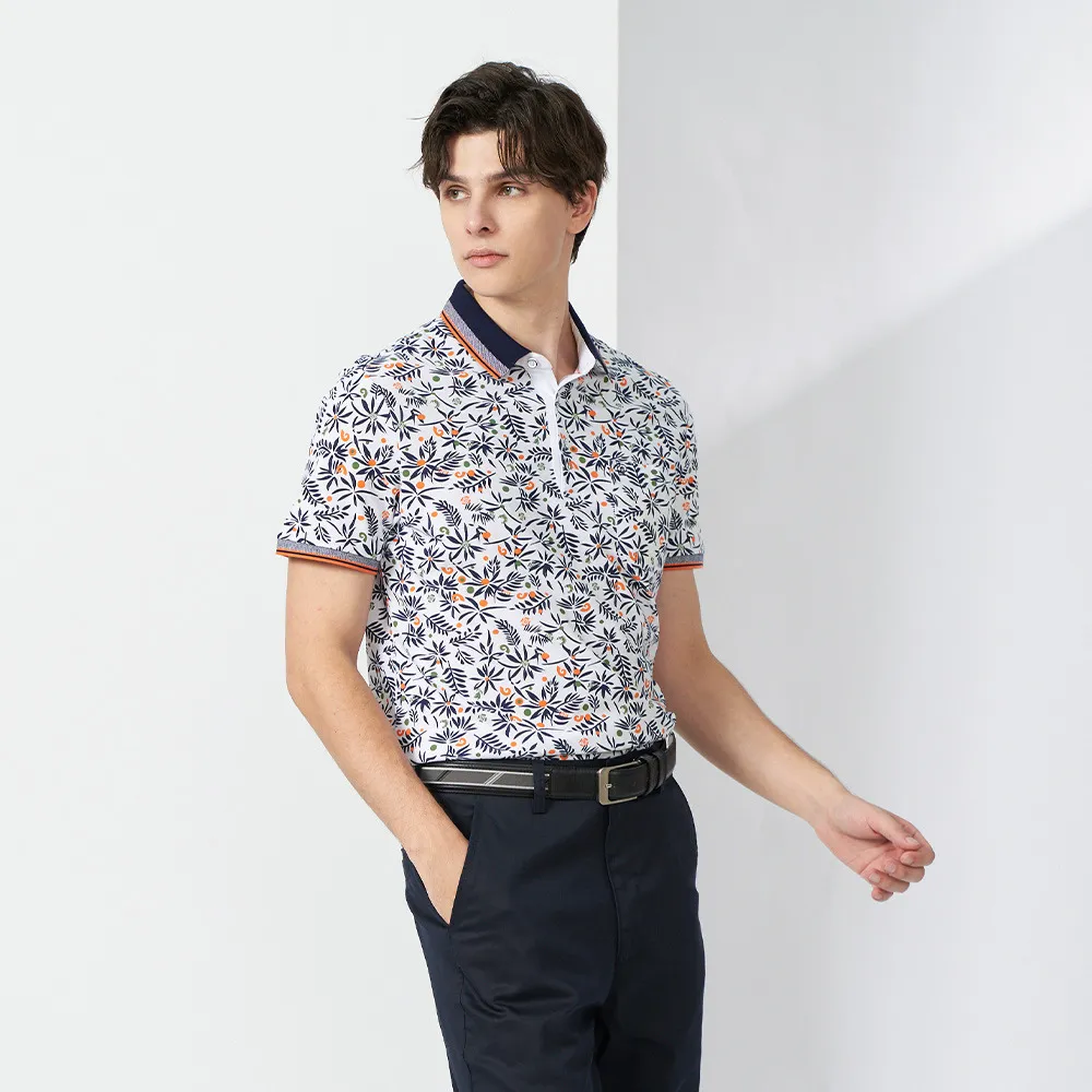 【pierre cardin 皮爾卡登】休閒服飾 男款 花草印花短袖POLO衫-白色(5237269-90)