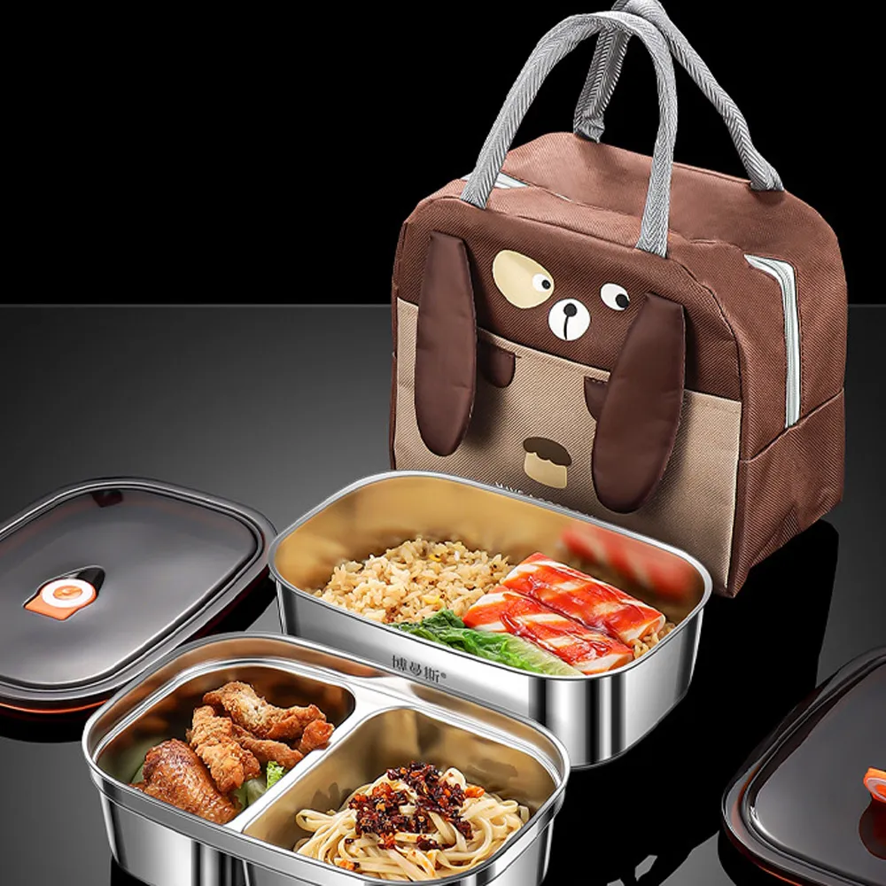 【LZQ】316不鏽鋼雙層分格便當盒 保溫飯盒 學生午飯餐盒 上班族保溫飯盒 保鮮盒（附餐具+保溫袋）