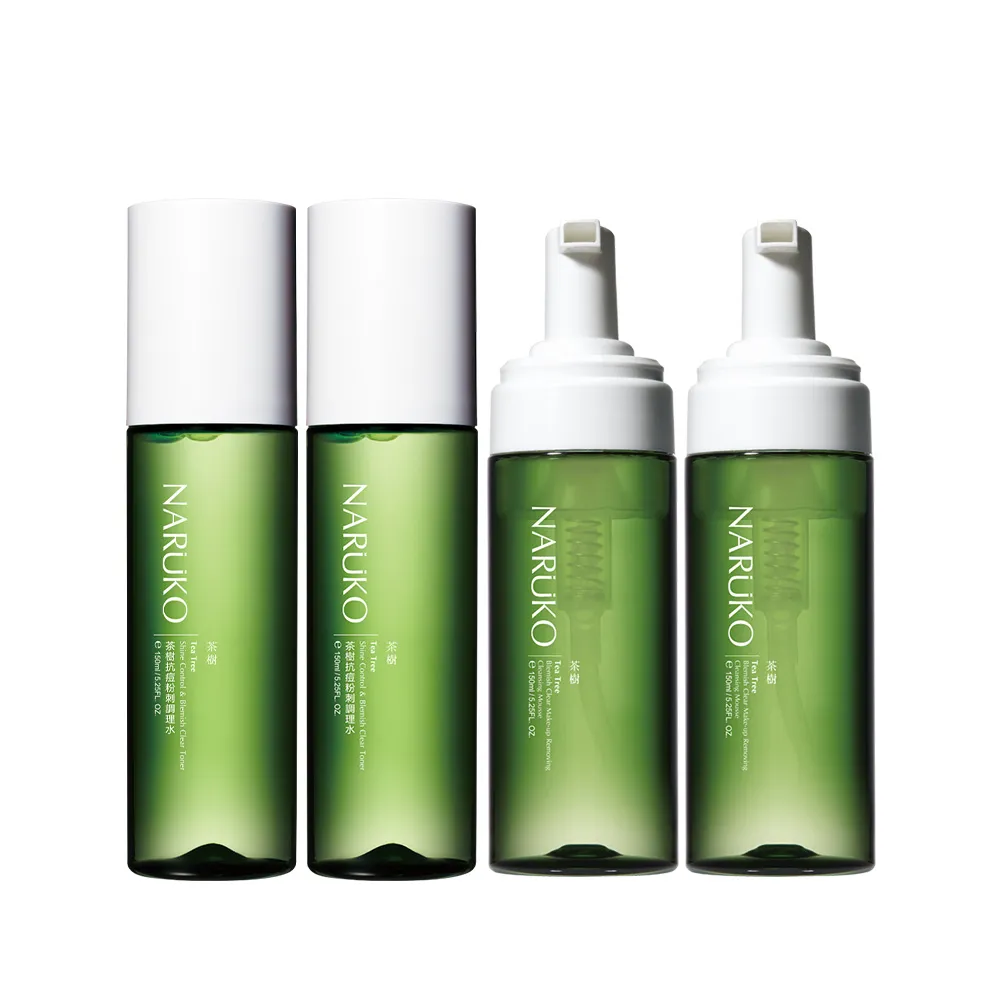 【NARUKO 牛爾】茶樹快閃洗卸兩用幕絲150ml x2+抗痘粉刺調理水150ml x2(油水平衡調理組)