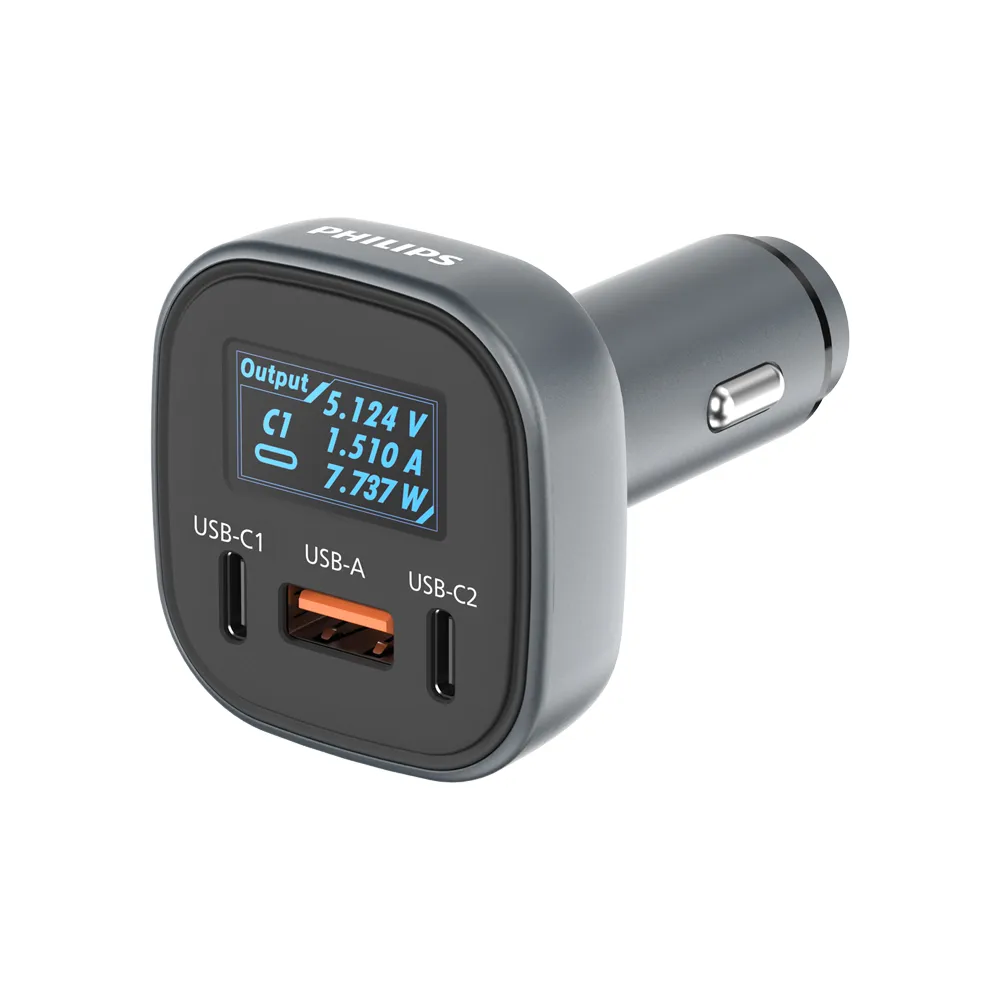 【Philips 飛利浦】黑金剛 PD 100W 快充Type-C+USB 3孔數位顯示車用充電器(DLP3540C)