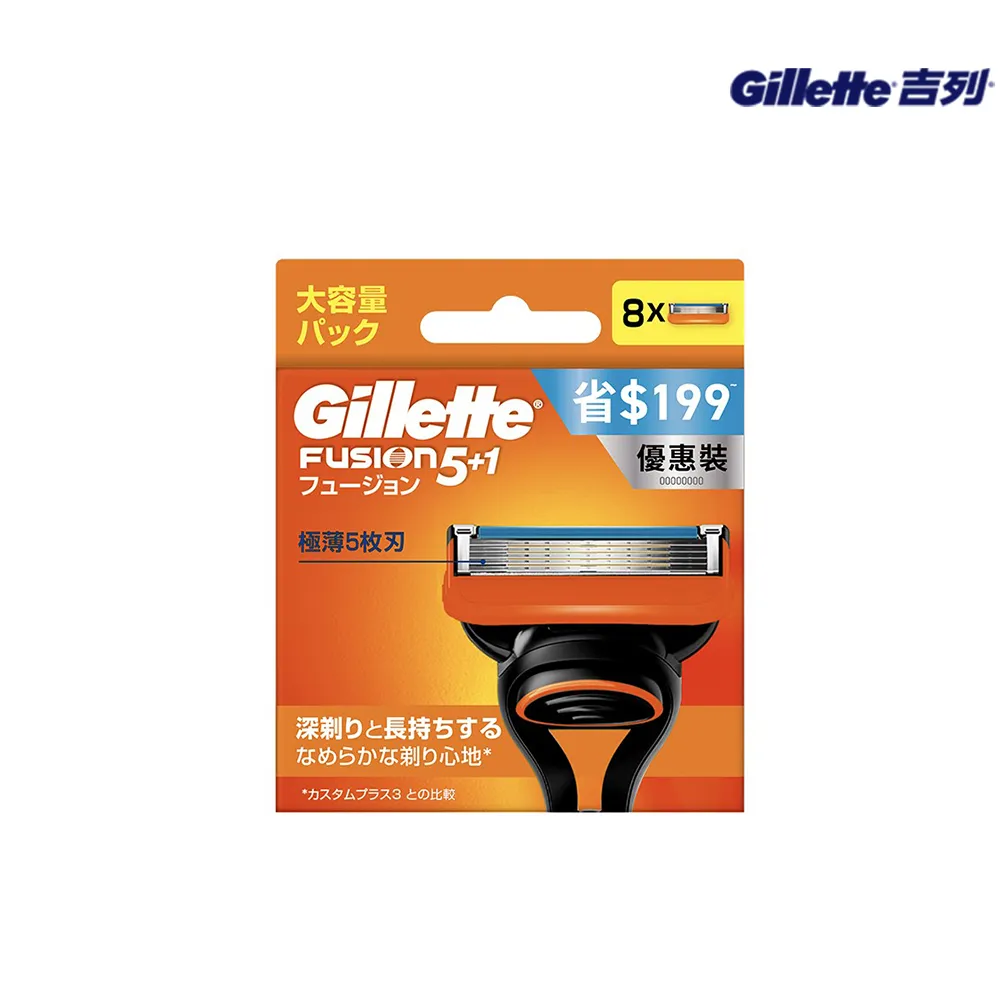 【Gillette 吉列】Fusion 鋒隱系列手動刮鬍刀頭-8刀頭(俐落乾淨 持久如新)