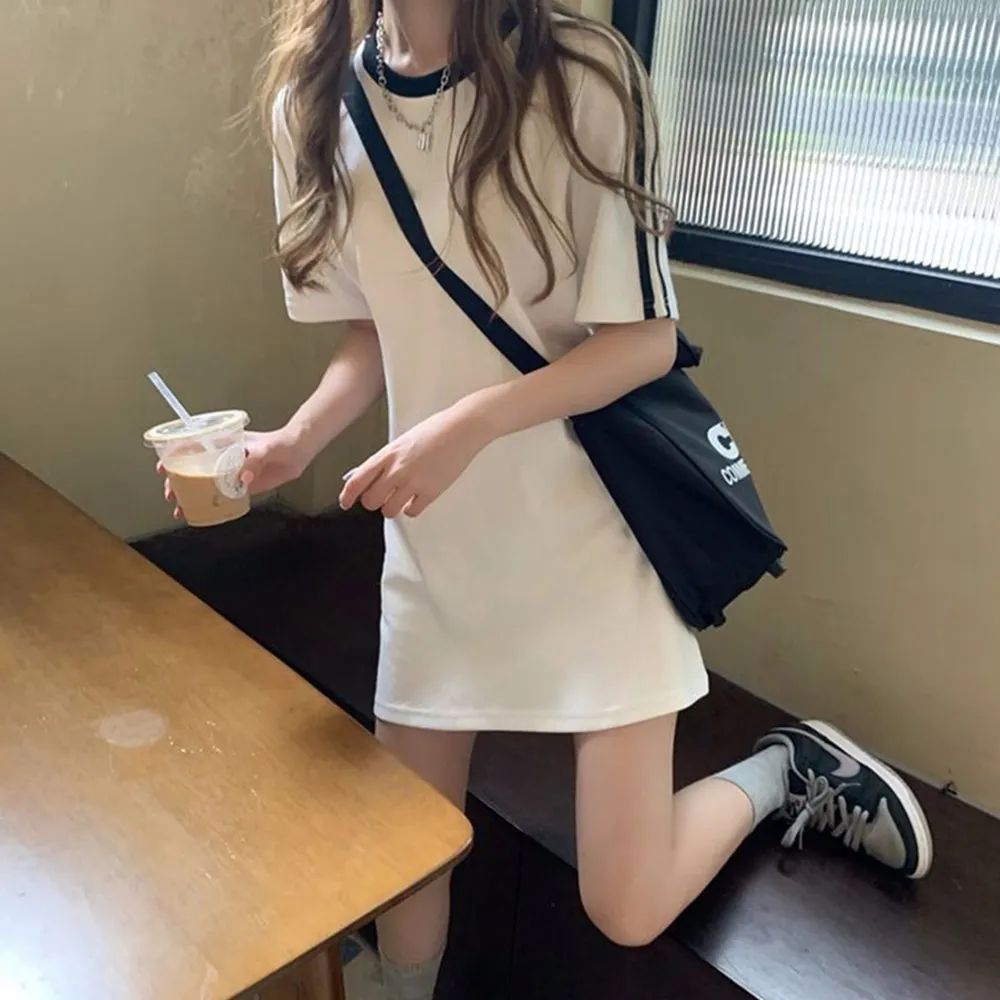 【D.studio】韓版小個子顯瘦休閒中長款連衣裙(洋裝套裝連身裙短袖上衣短袖t恤女裝寬鬆上衣S203)