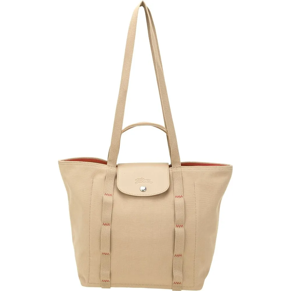 【LONGCHAMP】Le Pliage Collection 縫線織帶 帆布手提 肩背托特包(米色 兩用包 通勤包)