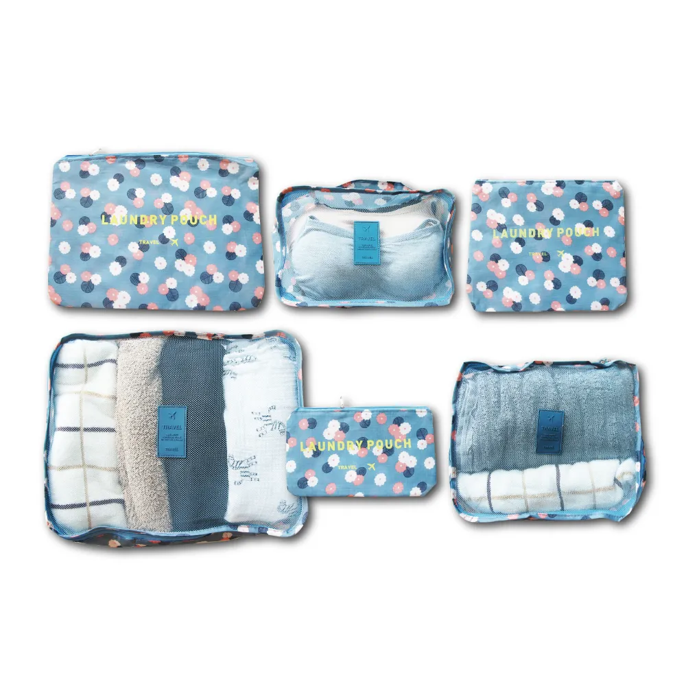 【生活良品】加厚防水旅行收納袋6件組-湖水藍小花款(旅行箱/登機箱/收納盒/旅行袋/收納包/行李箱)