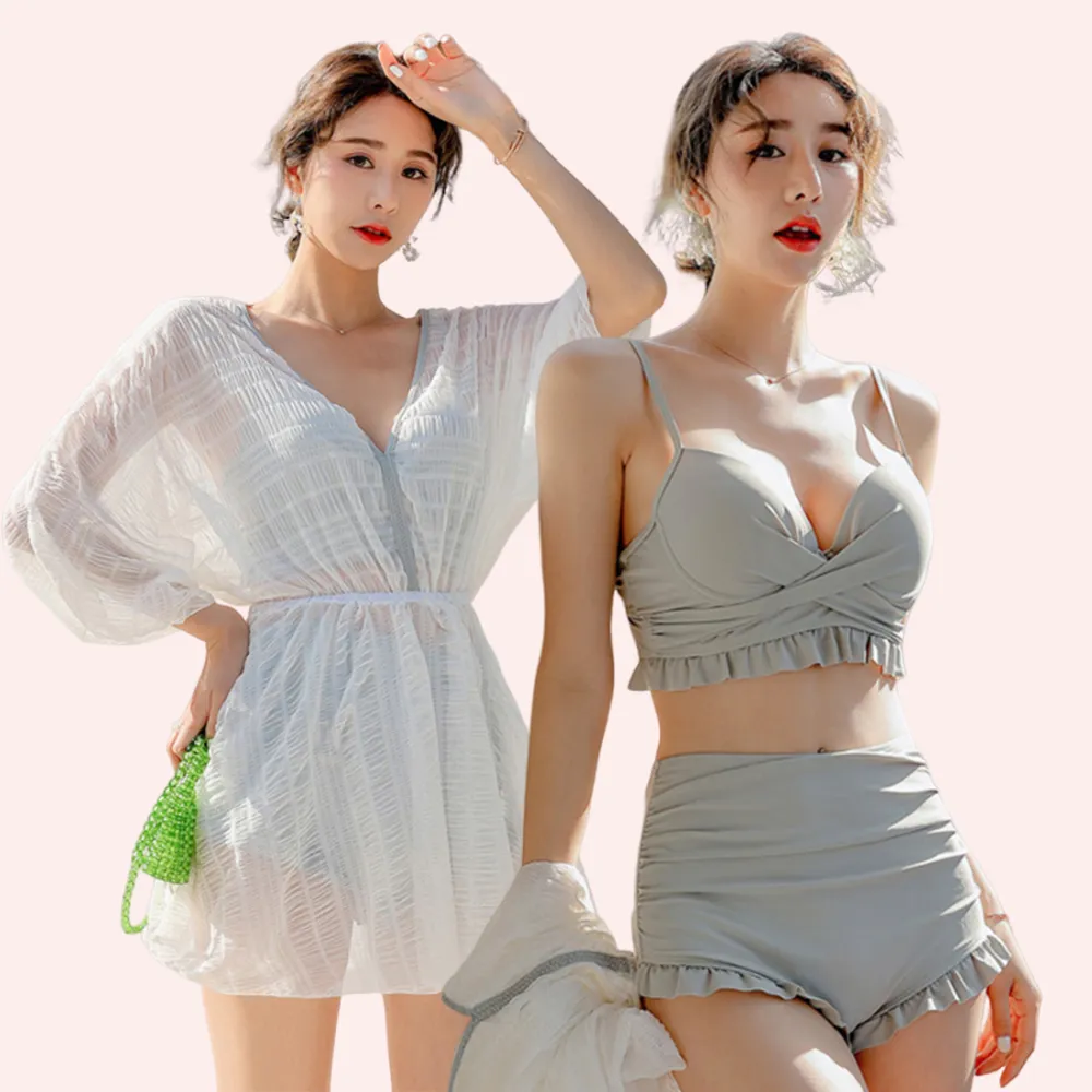 【TING BRA 婷姐內衣】女泳裝 三件式 大尺碼 美背鋼圈款木耳邊高腰外罩衫三件式泳衣(白色 M-3XL)