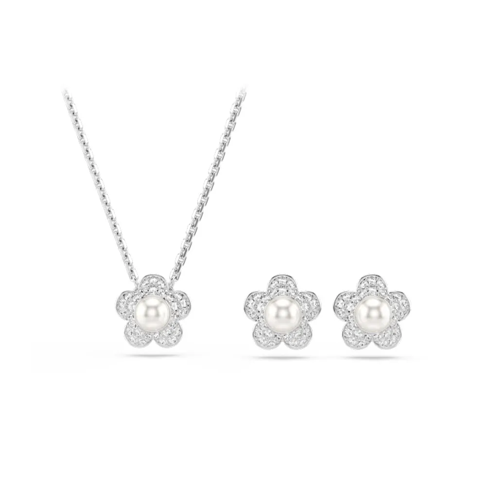 【SWAROVSKI 施華洛世奇】官方直營 Ariana Grande x Swarovski 花朵水晶珍珠套裝 鍍白金色 |5749180