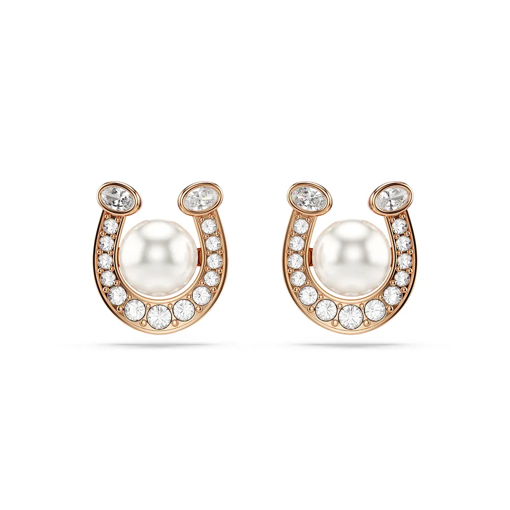 【SWAROVSKI 施華洛世奇】官方直營 Symbolica 耳釘水晶珍珠 密鑲 馬蹄鐵 白色 鍍玫瑰金色調 | 5736980