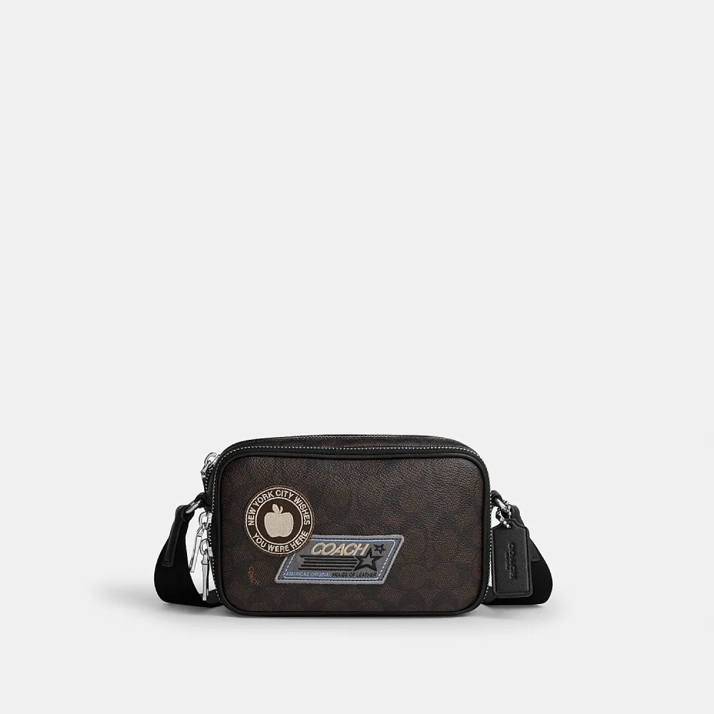 【COACH】蔻馳官方直營 COLTON 19 經典 SIGNATURE 貼飾斜背手袋 斜背包-SV/核桃棕色/黑色(CGA44)