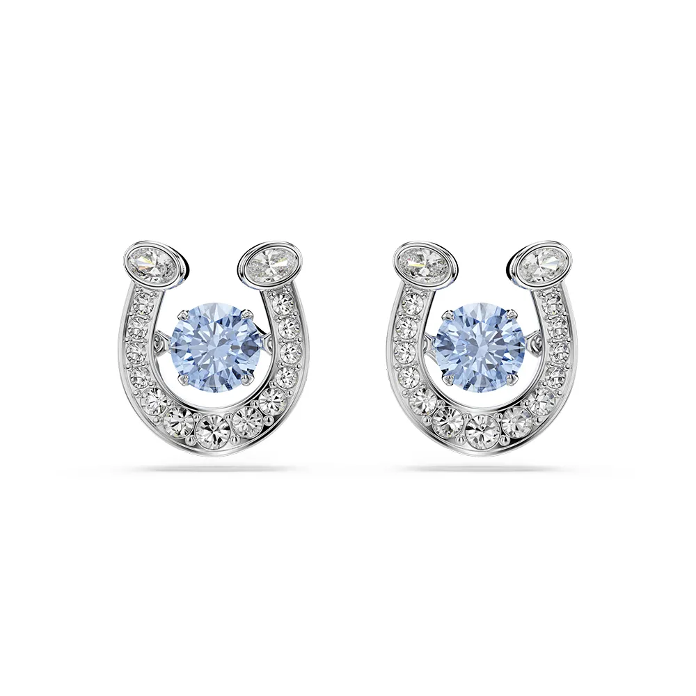 【SWAROVSKI 施華洛世奇】官方直營 Symbolica 馬蹄鐵 藍色耳釘 圓形切割 密鑲 鍍白金色 | 5746563