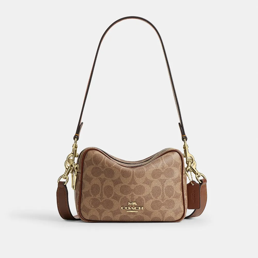 【COACH】蔻馳官方直營 CAREY 經典 SIGNATURE 迷你斜背包 相機包-IM/棕黃色/棕色(CEK69)