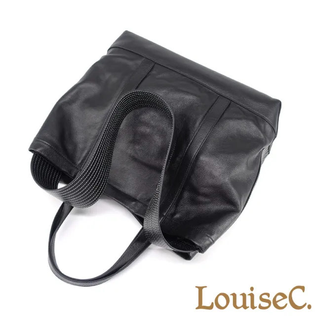 【LouiseC.】雙11 Tree House 超輕盈牛皮 中性大容量個性寬背帶 托特TOTE 手提側肩背大真皮包 黑色 CC5097-