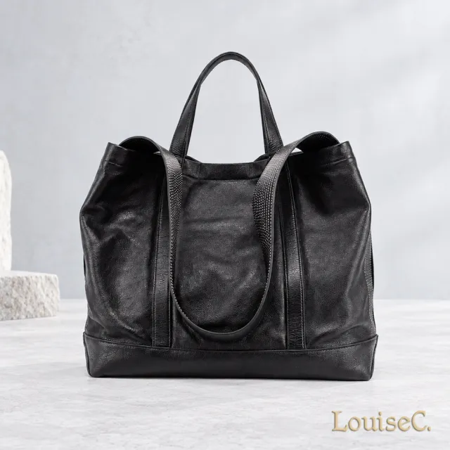 【LouiseC.】雙11 Tree House 超輕盈牛皮 中性大容量個性寬背帶 托特TOTE 手提側肩背大真皮包 黑色 CC5097-