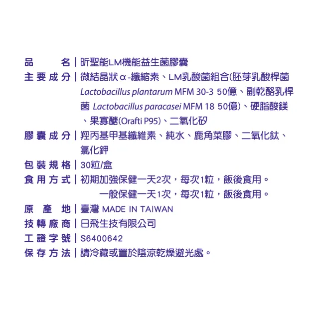 【BAOHU 寶護】昕聖能LM機能益生菌膠囊 30粒 奶素(台大專利研發LM機能益生菌)