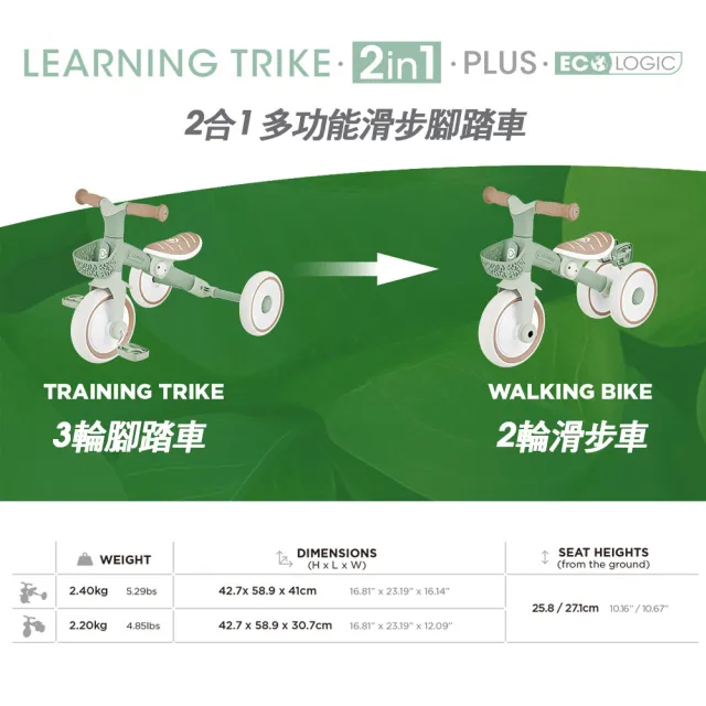 【GLOBBER 哥輪步】官方直營 LEARNING TRIKE 2合1 PLUS多功能滑步腳踏車-法式開心果(滑步車、三輪車)