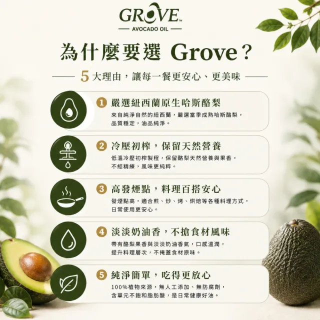 【GROVE 克羅福】頂級油鹽三重奏 特級冷壓初榨酪梨油500ml+森米西爾特級冷壓初榨橄欖油500ml+鹽之花雙11