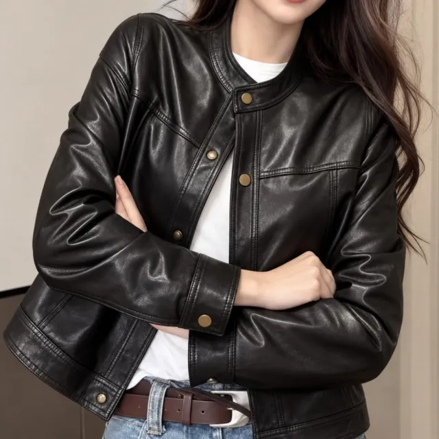 【巴黎精品】女真皮外套真羊皮外套皮衣頂級綿羊皮衣皮外套秋冬外套寬鬆夾克休閒外套大尺碼女裝n1ml32)