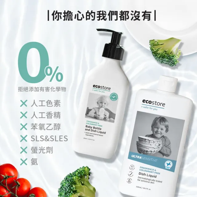 【ecostore 宜可誠】奶瓶蔬果洗潔精+抗敏無香環保洗碗精(蔬果清潔劑/植萃/無有害化學物/澳洲抗敏認證)