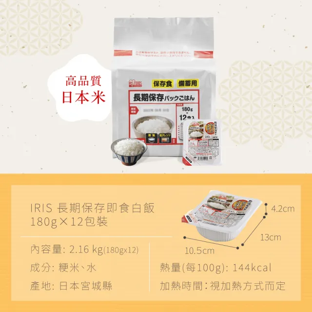 【IRIS】長期保存微波即食白飯180gx12入裝(雙11推薦 防災食品 避難 食品 微波食品 日本米 颱風屯糧 )