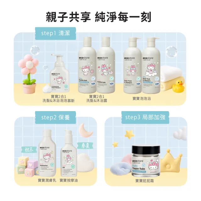 【ecostore 宜可誠】三麗鷗系列-純淨寶寶泡泡浴-抗敏無香535ml(無人工色素香精/紐西蘭有機亞麻油)
