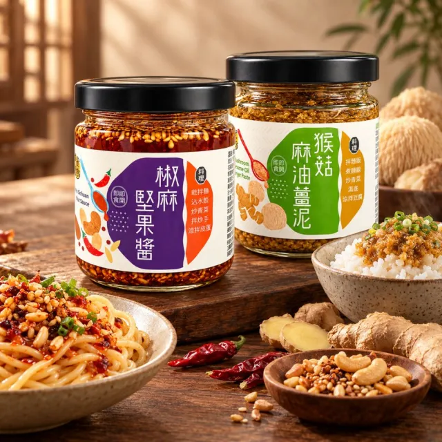 今晚饗吃-椒麻堅果醬170g/麻油猴菇薑泥180g(6罐)-拌飯神器