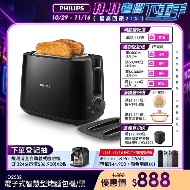 【Philips 飛利浦】電子式智慧型烤麵包機/黑_HD2582/92