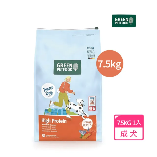【Green Petfood 綠自然】即期良品 昆蟲蛋白+鮭魚 無穀低敏成犬飼料 7.5KG(狗飼料 乾糧 效期20270109)