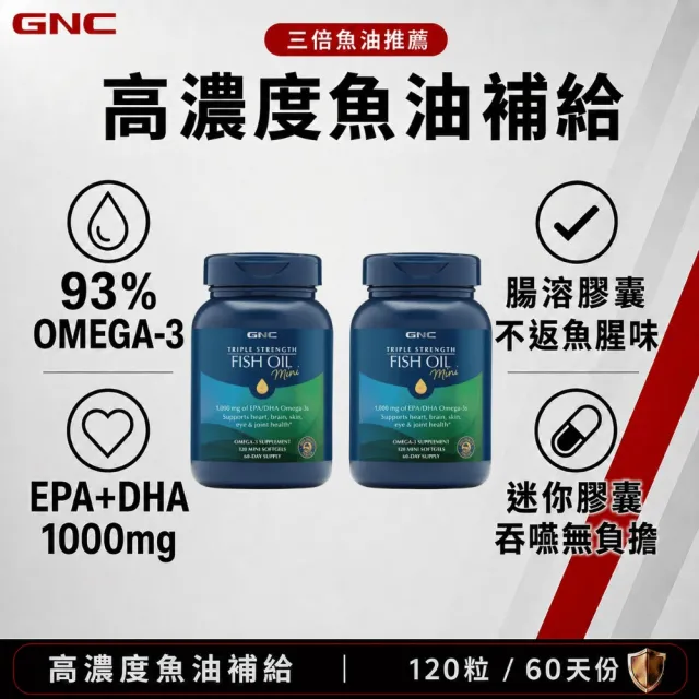 【GNC 健安喜】三倍魚油迷你軟膠囊 120粒/瓶x2入組(EPA/DHA/Omega3/腸溶劑型)