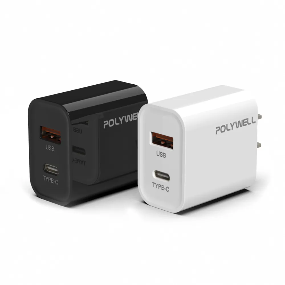 【POLYWELL】20W PD雙孔快充頭  USB Type-C 充電器(充電頭 手機充電器 雙孔雙規格 旅充)