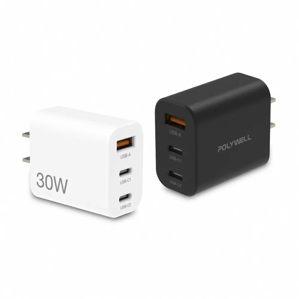 【POLYWELL】30W 雙USB-C+USB-A PD氮化鎵快充頭(BSMI認證  3孔1A2C)