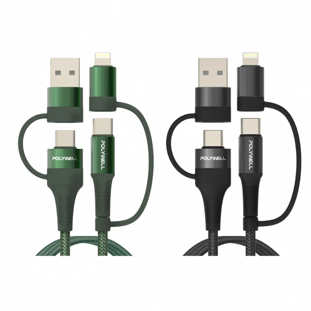 【POLYWELL】2M 四合一PD編織快充線 USB-A+USB-C+Lightning(手機充電線 PD快充線 數據線 多合一線材)