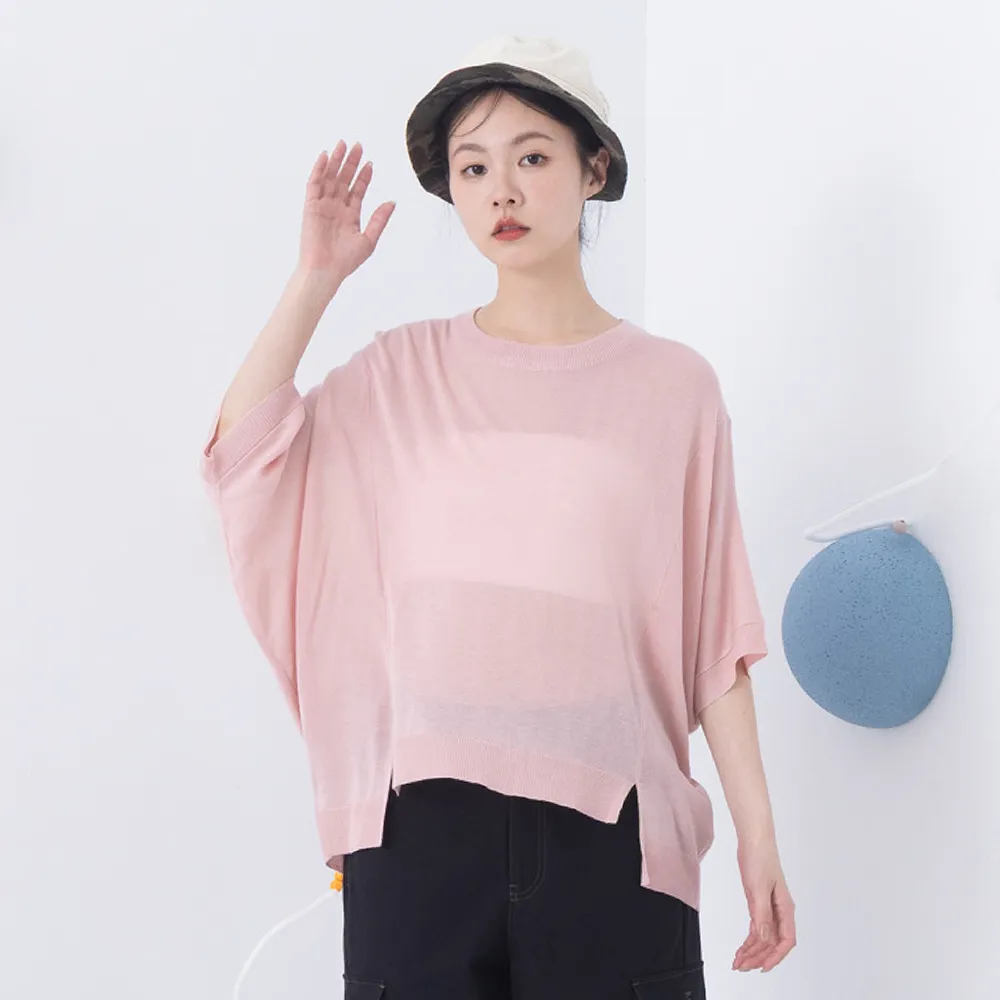【MOSS CLUB】寬版蝙蝠袖短袖針織上衣(粉 綠 杏/魅力商品)