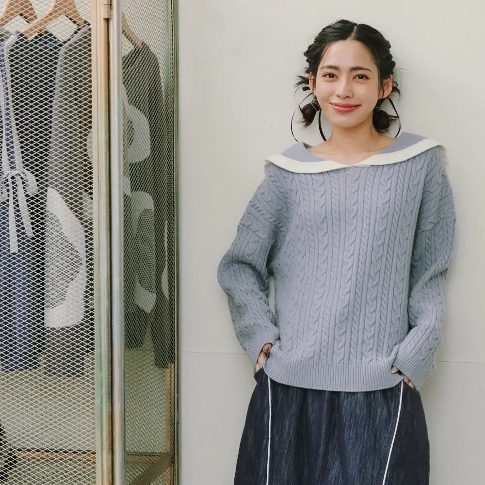 【Dailo】親膚麻花休閒水手領針織上衣 杏 駝 灰