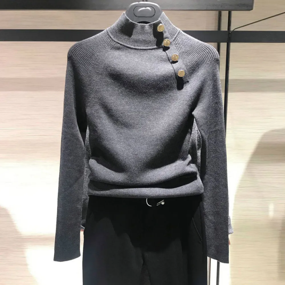 【Very Buy 非常勸敗】女裝2022春秋修身套頭純色金屬扣半高領針織內搭